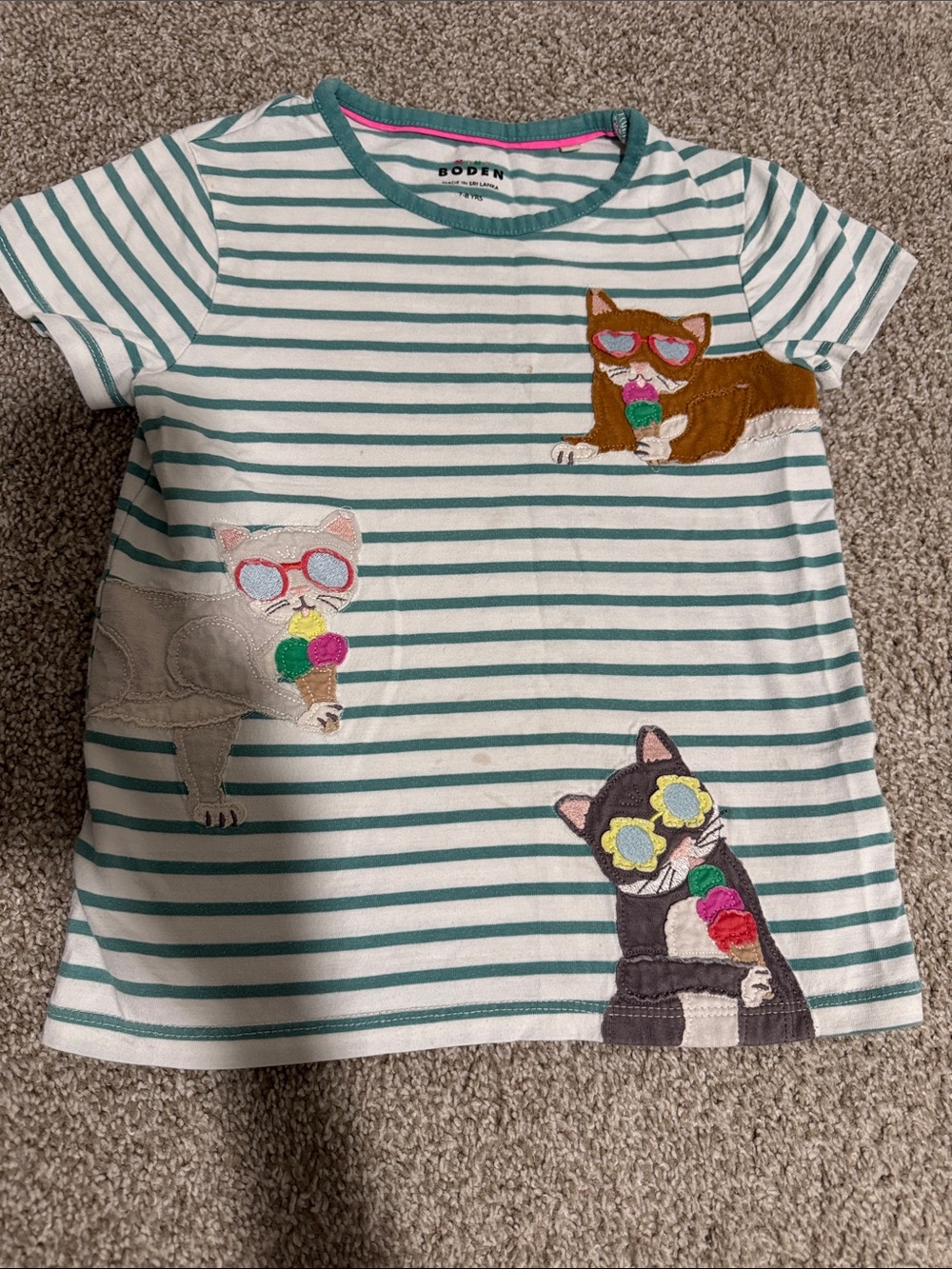 Boden White & Teal Striped Tee with Ice Cream Cats